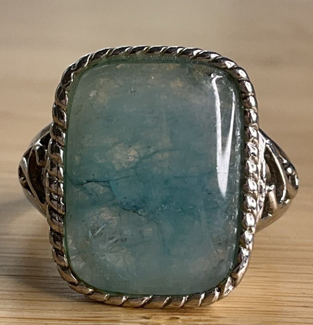 Vintage Leg Aquamarine Cabochon Sterling Silver Cocktail Statement Ring Sz 10.25